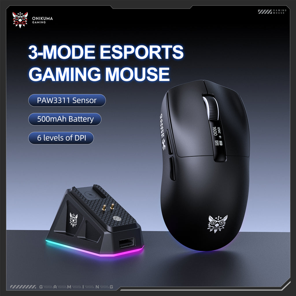 ONIKUMA DM07 3-Mode Esports Gaming Mouse with PAW3311 Sensor, 24000 DPI, 1000Hz Polling Rate, and RGB Magnetic Charging Base