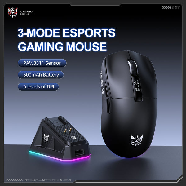 ONIKUMA DM07 3-Mode Esports Gaming Mouse with PAW3311 Sensor, 24000 DPI, 1000Hz Polling Rate, and RGB Magnetic Charging Base